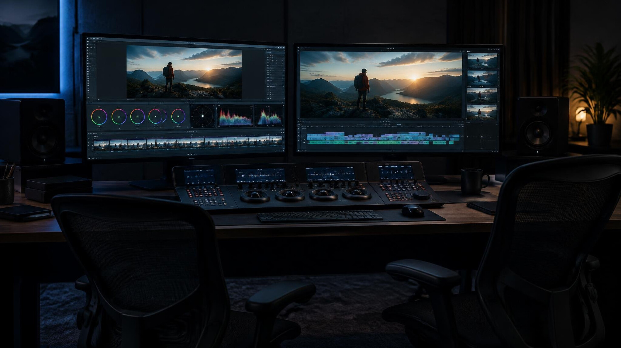 Video editing suite with colour grading panel and monitors