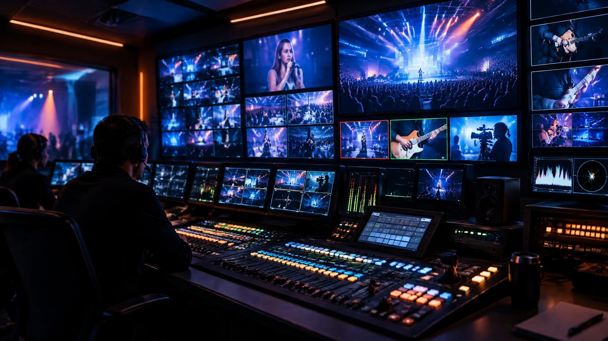 Broadcast gallery wall of monitors in a dark control room