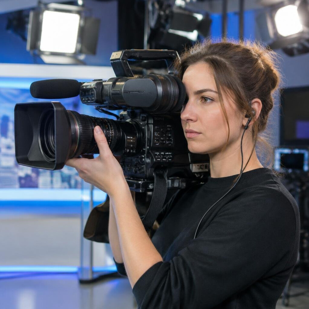 Woman camera operator with shoulder mounted broadcast camera in a studio
