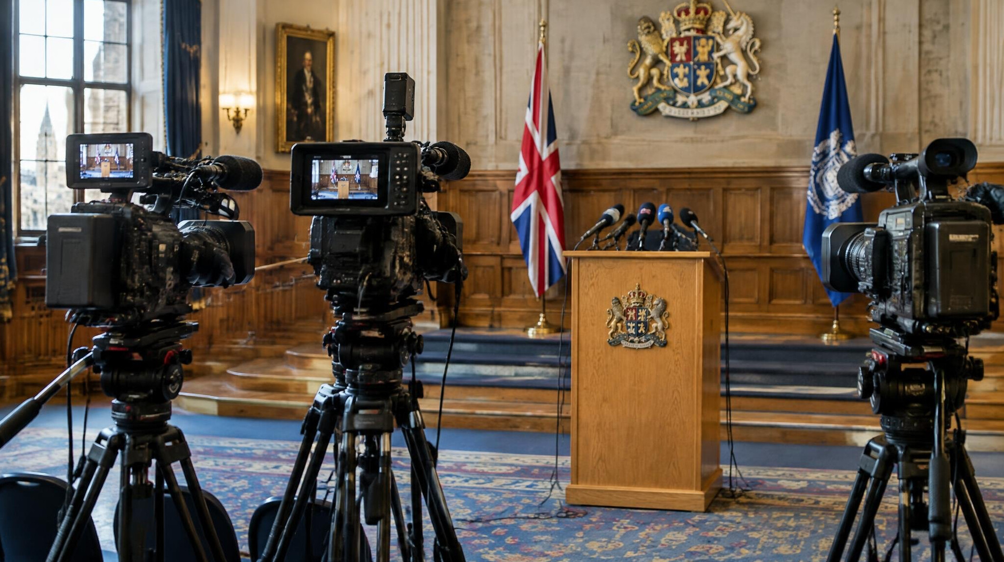 Handheld camera operator filming at a press event