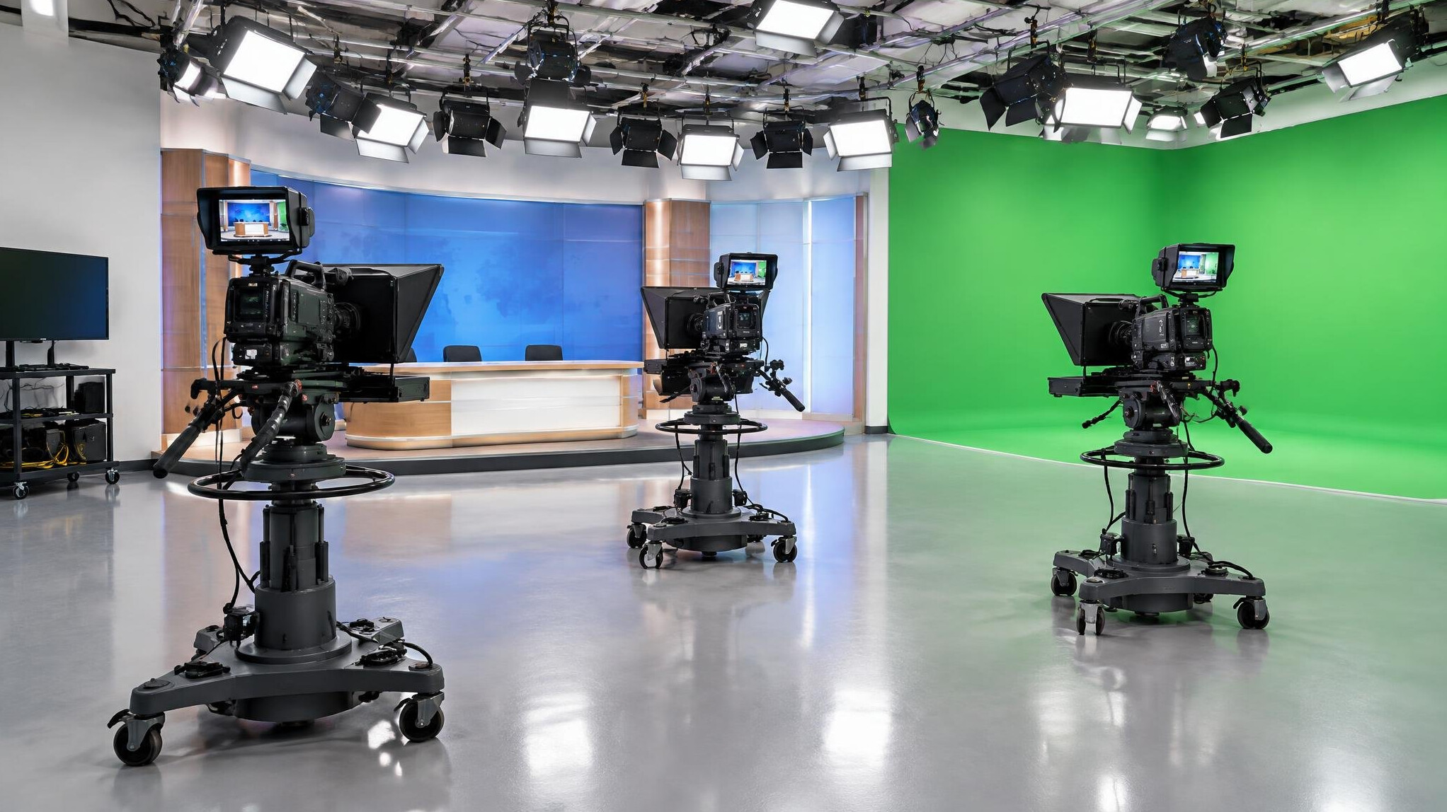 Training television studio with cameras and lighting rig