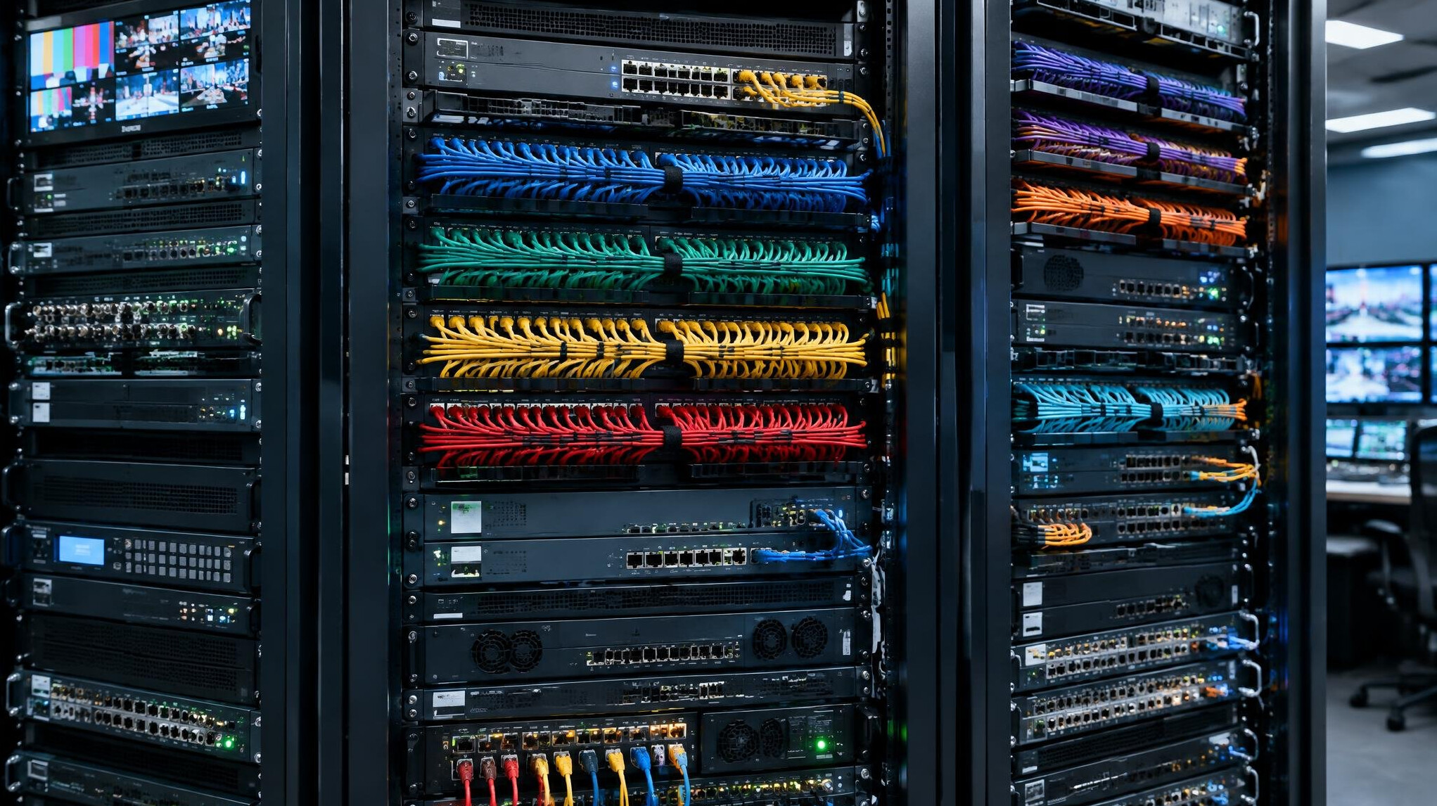 Rack of signal routing equipment with colourful cables in a machine room