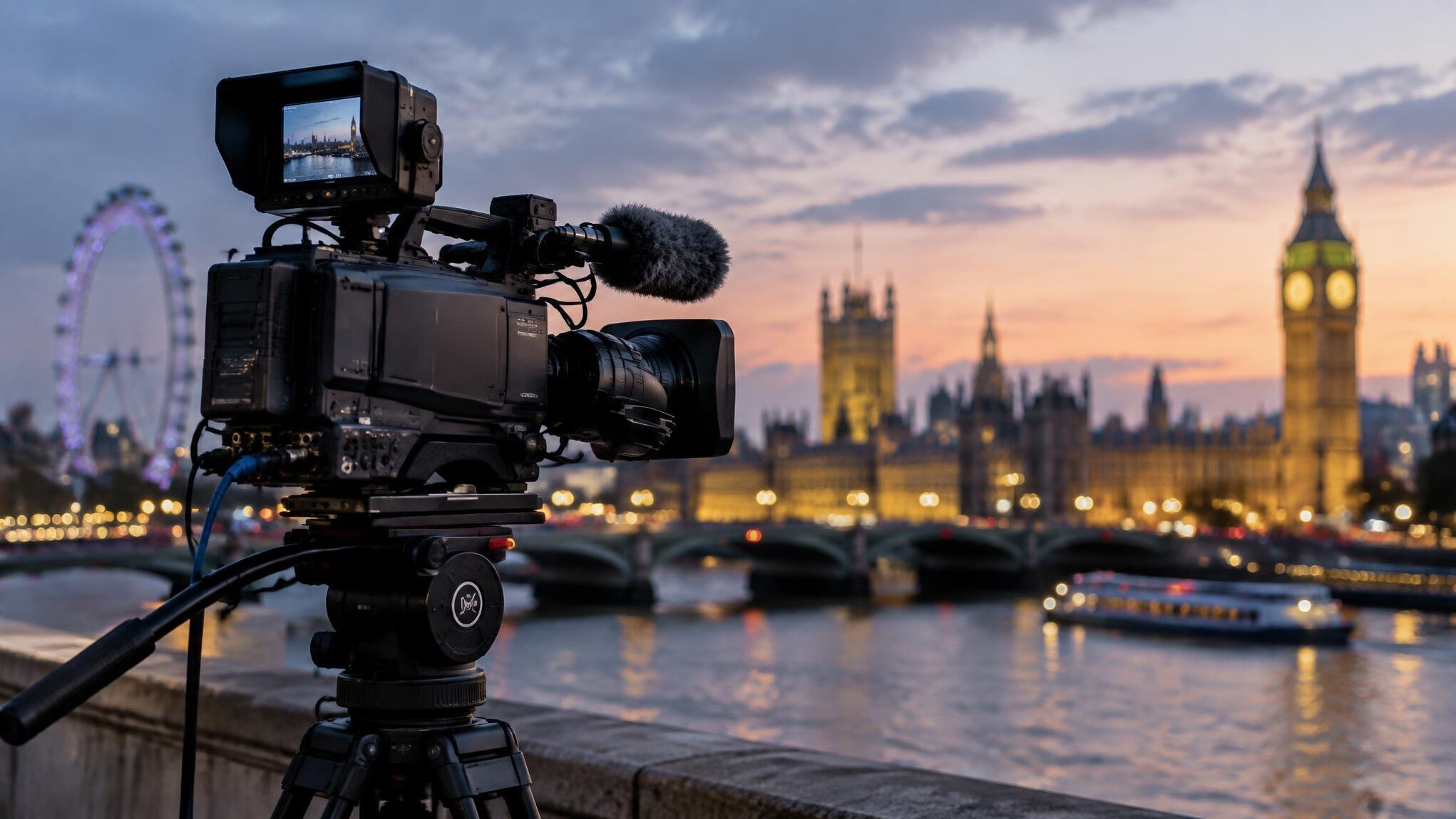 Professional video camera on a tripod outdoors at dusk