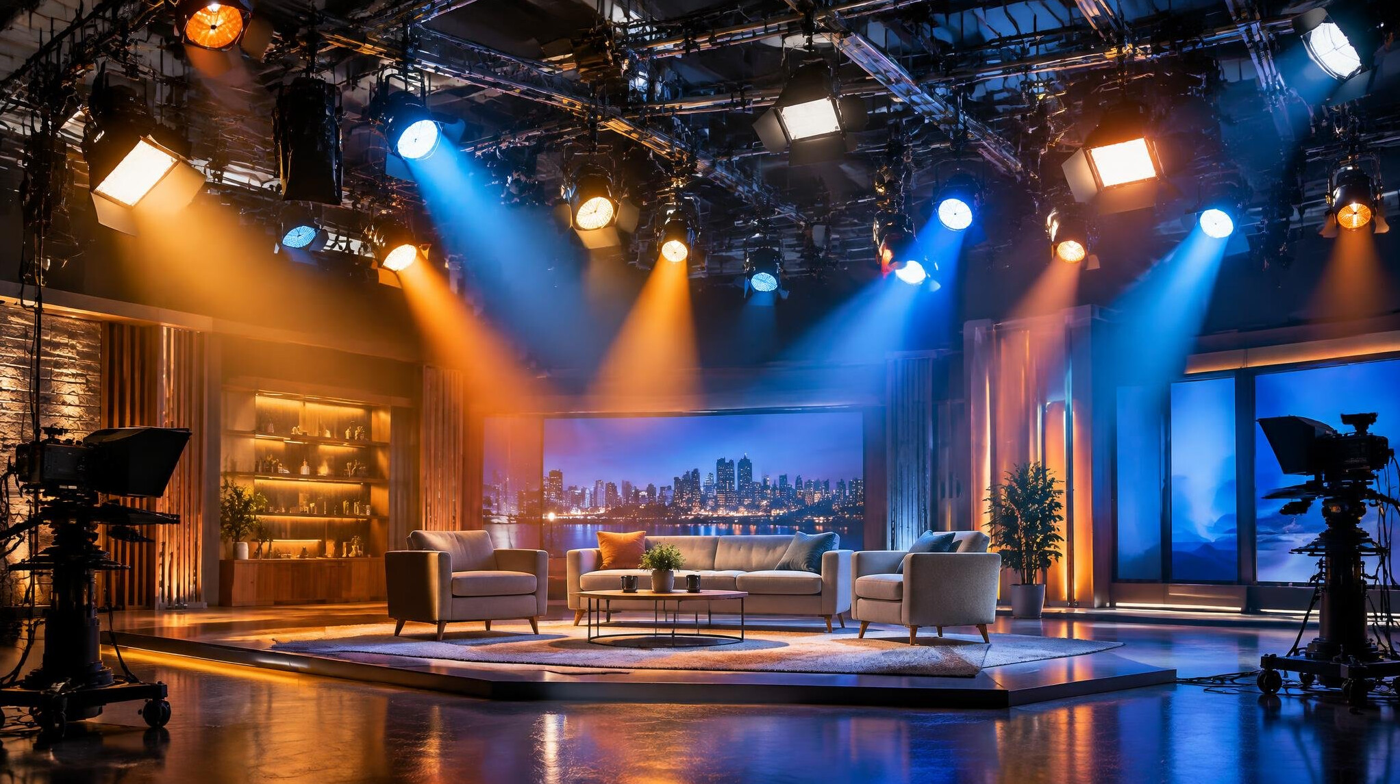 Studio lighting rig over a television set